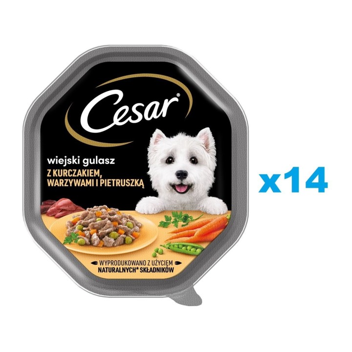 CESAR Schale 14x150g: Vollwertiges Nassfutter in Sauce für ausgewachsene Hunde mit Huhn, Gemüse und Petersilien