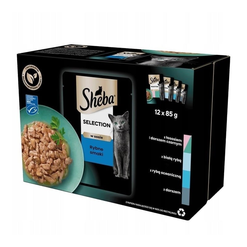 SHEBA Selection Fisch Geschmacks in Soße 48x85g Nassfutter mit Lachs und schwarzem Kabeljau, Weißfisch, Meeresfisch, Kabeljau