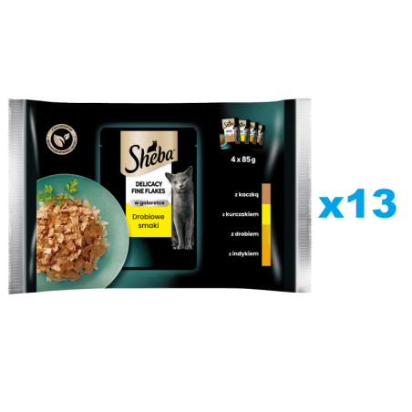 SHEBA Delicacy Fine Flakes 52x85 g Nassfutter mit Ente, Huhn, Geflügel, Truthahn in Gelee für adulte Katzen