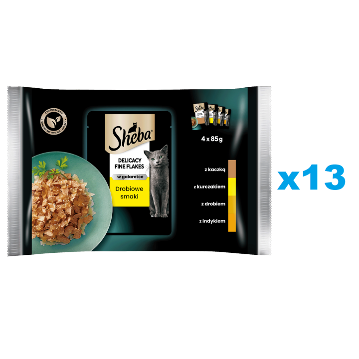 SHEBA Delicacy Fine Flakes 52x85 g Nassfutter mit Ente, Huhn, Geflügel, Truthahn in Gelee für adulte Katzen