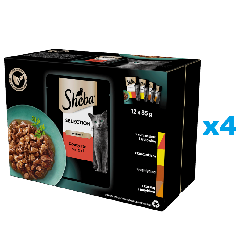 SHEBA Selection 48x85 g Nassfutter für adulte Katzen mit Huhn und Rind, Huhn, Lamm, Ente und Truthahn in Soße