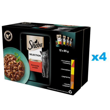 SHEBA Selection 48x85 g Nassfutter für adulte Katzen mit Huhn und Rind, Huhn, Lamm, Ente und Truthahn in Soße