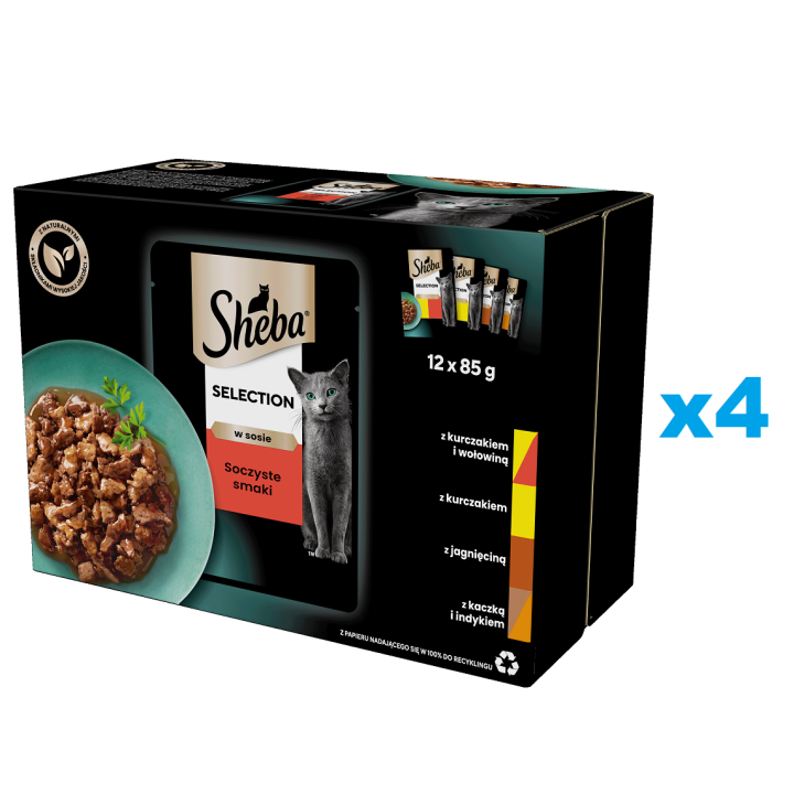 SHEBA Selection 48x85 g Nassfutter für adulte Katzen mit Huhn und Rind, Huhn, Lamm, Ente und Truthahn in Soße
