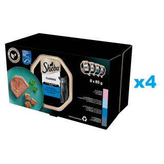 SHEBA Classics 32x85 g Nassfutter mit Lachs, Weißfisch und Karotte, Thunfisch und Gemüse für adulte Katzen in Terrine