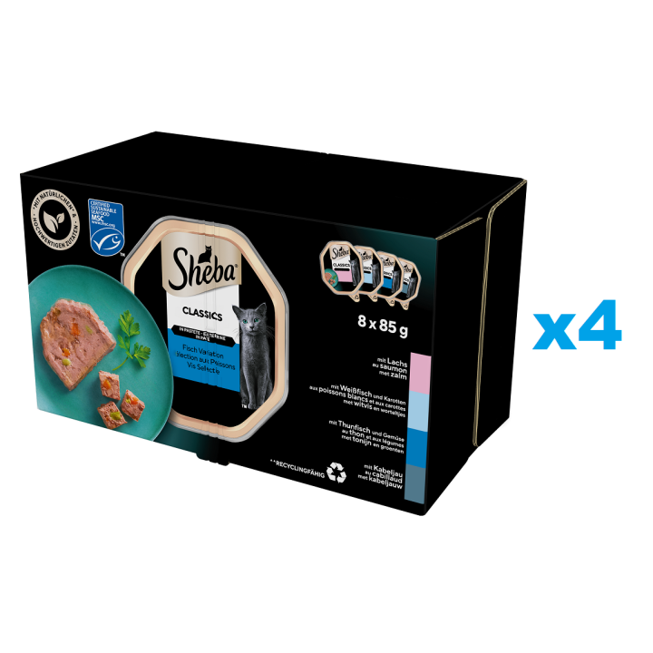 SHEBA Classics 32x85 g Nassfutter mit Lachs, Weißfisch und Karotte, Thunfisch und Gemüse für adulte Katzen in Terrine