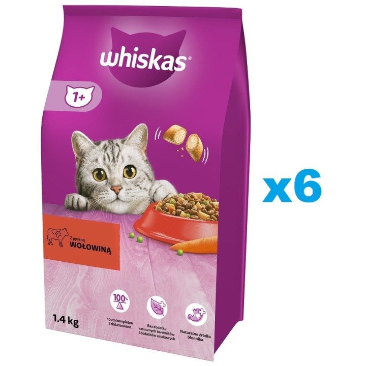 WHISKAS Adult 6x1,4 kg Trockenfutter mit Rindfleisch für adulte Katzen