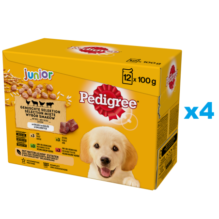 PEDIGREE Junior Mix Beutel 48x100g: Nassfutter für Welpen mit Reis, Huhn, Lamm, Geflügel und Rindfleisch in Gelee