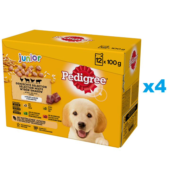 PEDIGREE Junior Mix Beutel 48x100g: Nassfutter für Welpen mit Reis, Huhn, Lamm, Geflügel und Rindfleisch in Gelee