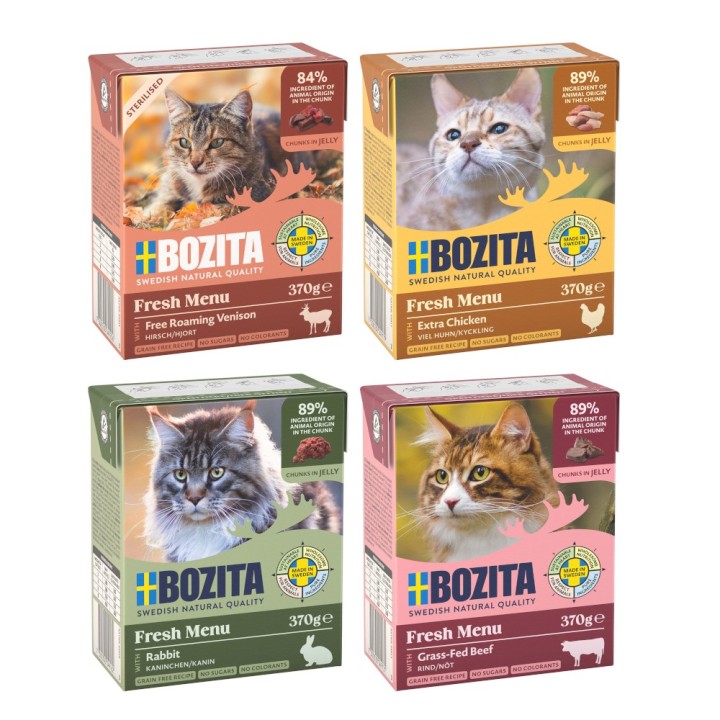 Kombi-Paket: Bozita Megapack Tetra Häppchen 48 x 370 g - Megapack 1 in Gelee: Viel Huhn, Rinderhack, Kaninchen, Sterilised mi