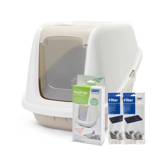 Savic Katzentoilette Nestor Giant - Starterset: Toilette weiß / mocca + 2 Ersatzfilter + 6 Bag It Up