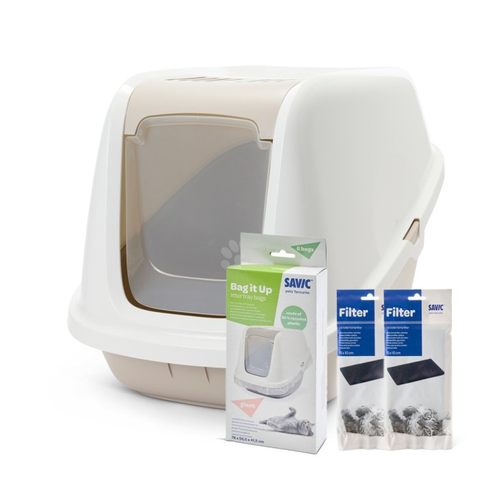Savic Katzentoilette Nestor Giant - Starterset: Toilette weiß / mocca + 2 Ersatzfilter + 6 Bag It Up