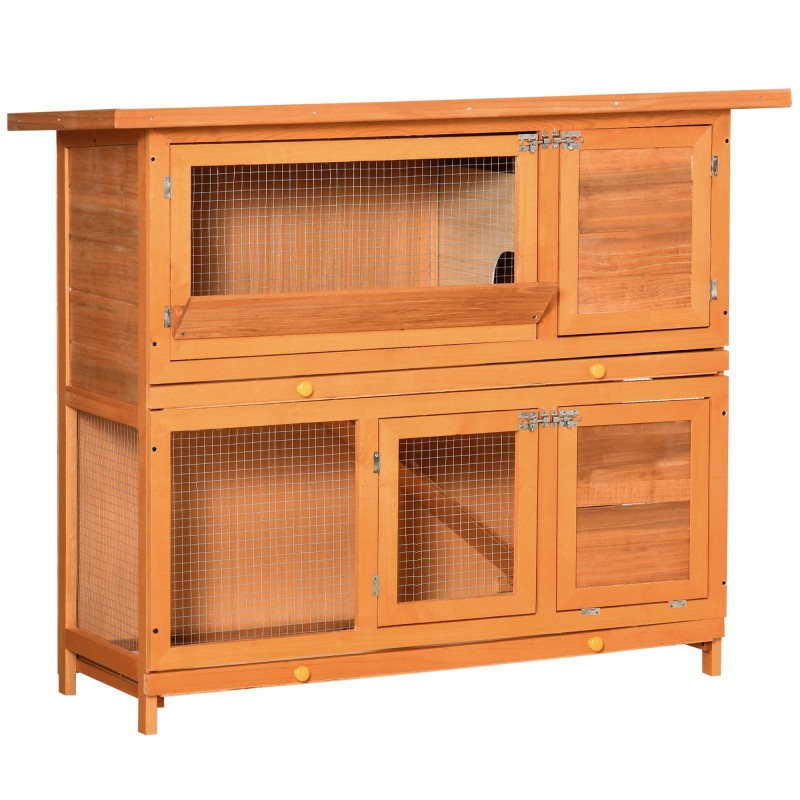 PawHut Kleintierstall, Kleintierkäfig, Kleintierhaus mit Dach, Meerschweinchenstall, Doppelstock, Tannenholz, Gelb, 120 x 48