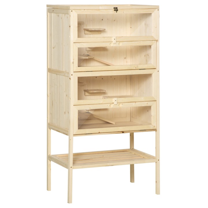 PawHut Kleintierkäfig 5 Etagen mit Gitterdach Rampen Kleintierstall Käfig Nagerkäfig Meerschweinchenstall Tannenholz Naturhol