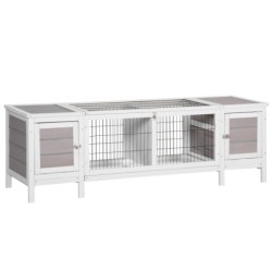 PawHut Kleintierstall Kleintierkäfig 161 x 50,5 x 53,3 cm mit Bodenwanne aus Tannenholz, Laufbox für Outdoor, Weiß und Grau