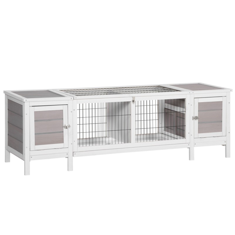 PawHut Kleintierstall Kleintierkäfig 161 x 50,5 x 53,3 cm mit Bodenwanne aus Tannenholz, Laufbox für Outdoor, Weiß und Grau
