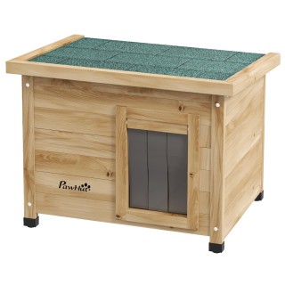 PawHut Katzenhaus aus Holz, Katzenhütte Outdoor, erhöhte Katzenhöhle mit Türvorhang, gelb, 57 x 45 x 43 cm, ideal für kleine