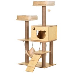 PawHut Zeitgemäßer Katzenbaum mit Kratzbrettern, Kratzbäumen, Natur-Sisal, Höhle, Plattformen, Hängematte, Spielball, Spanpla