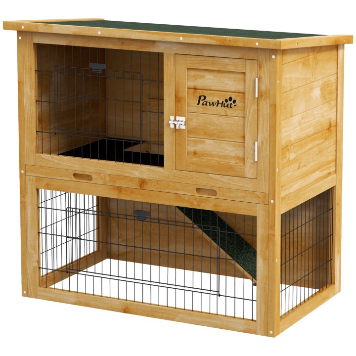 PawHut Kaninchenstall Kaninchenkäfig 2 Etagen mit 3 abschließbaren Türen ausziehbarem Plateau Rampe und Bitumendach Massivhol