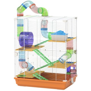 PawHut Käfig für Hamster Nagetier 4 Etagen mit Tunneln Futternapf Laufrad Häuschen Leitern Ø 46 x 30 x 58 cm Orange   Aosom
