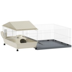 PawHut Meerschweinchenkäfig, Kleintierkäfig mit abnehmbarem Gehege, wasserdichter Teppich, Balkon, Futternapf, rampe à couver