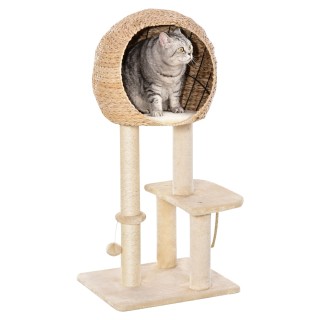 PawHut Kratzbaum mit Katzenhöhle 100H cm Katzennest für kleine Katzen mit Ballspielzeug und Sisal Beige   Aosom.de