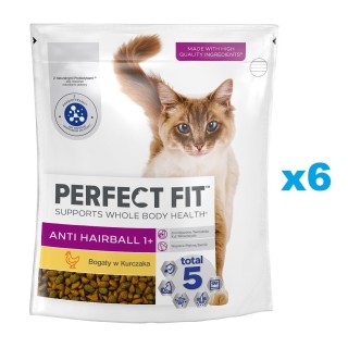PERFECT FIT Antihairball 1+ 6x750 g: Trockenvollnahrung mit Huhn für adulte Katzen