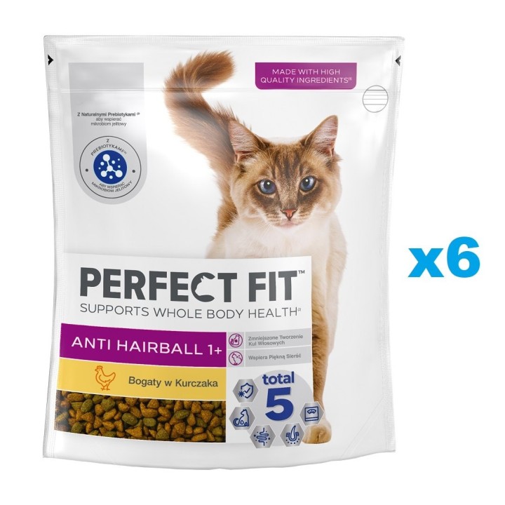 PERFECT FIT Antihairball 1+ 6x750 g: Trockenvollnahrung mit Huhn für adulte Katzen