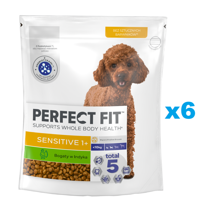 PERFECT FIT Sensitive 1+ 6x825g: Trockenvollnahrung mit Truthahn für adulte Hunde kleiner Rassen