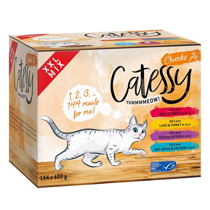 144 x 100 g Catessy Häppchen in Sauce oder Gelee zum Sonderpreis! - 4 Sorten Häppchen in Gelee
