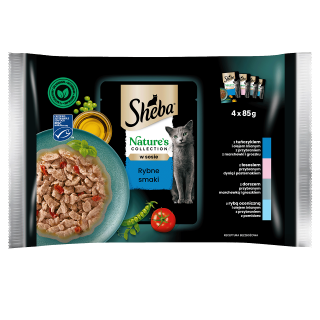 SHEBA Nature’s Collection 4x85 g: Nassfutter mit Thunfisch, Lachs, Kabeljau für adulte Katzen