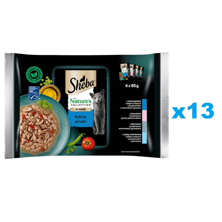 SHEBA Nature’s Collection 52x85 g Nassfutter mit Thunfisch, Lachs, Kabeljau für adulte Katzen