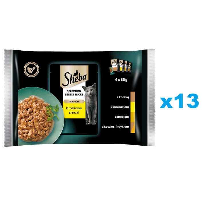 SHEBA Selection Select Slices: 52x85 g: Nassvollnahrung für adulte Katzen mit Ente, Huhn, Geflügel, Ente und Pute in Sauce