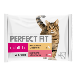 PERFECT FIT Adult Beutel 4x85g: Katzennassfutter mit Huhn, Erbsen, Rindfleisch und Karotten in Sauce