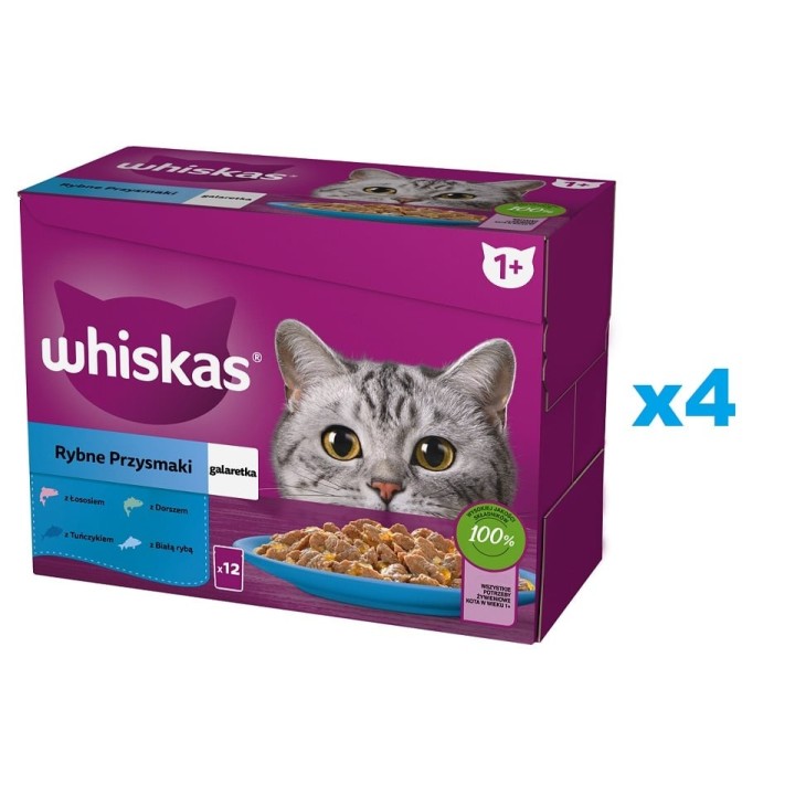 WHISKAS Adult 48x85g: Nassfutter für adulte Katzen mit Lachs, Thunfisch, Kabeljau, und weißen Fischen in Gelee