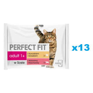 PERFECT FIT Adult Beutel 52x85g: Katzennassfutter mit Huhn, Erbsen, Rindfleisch und Karotten in Sauce