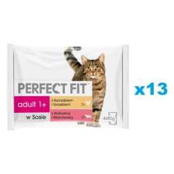 PERFECT FIT Adult Beutel 52x85g: Katzennassfutter mit Huhn, Erbsen, Rindfleisch und Karotten in Sauce