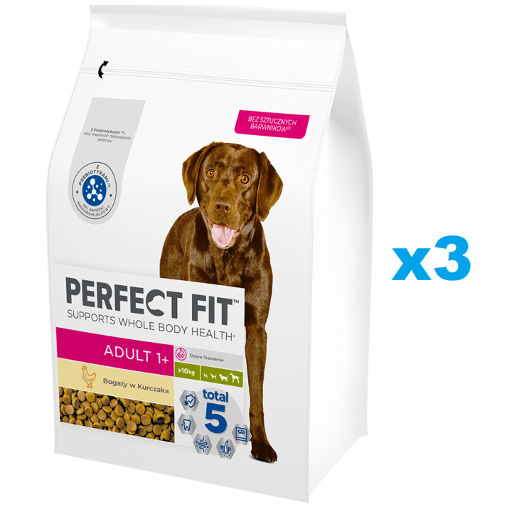 PERFECT FIT Adult 1+ 3x2,6kg: Trockenvollnahrung mit Huhn für adulte Hunde großer Rassen