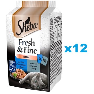 SHEBA Fresh &amp, Fine 72x50g: Nassvollnahrung für adulte Katzen mit Thunfisch und Kabeljau in Sauce