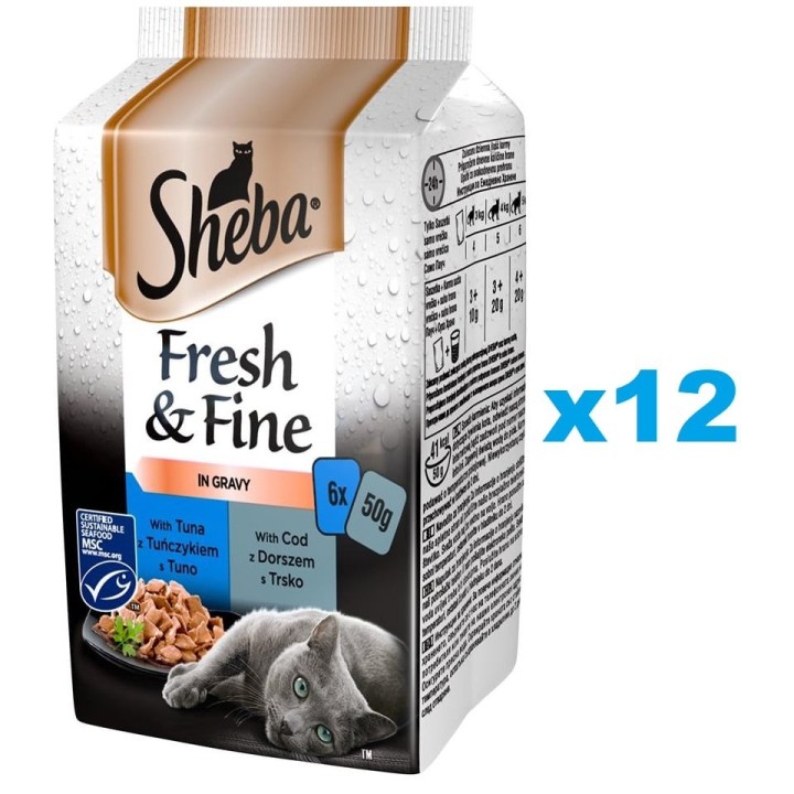 SHEBA Fresh &amp, Fine 72x50g: Nassvollnahrung für adulte Katzen mit Thunfisch und Kabeljau in Sauce