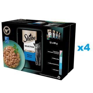 SHEBA Selection 48x85 g: Nassvollnahrung für adulte Katzen mit Lachs und schwarzem Kabeljau, Weißfisch, Meeresfisch, Kabeljau
