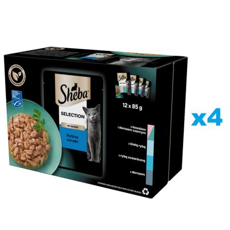 SHEBA Selection 48x85 g: Nassvollnahrung für adulte Katzen mit Lachs und schwarzem Kabeljau, Weißfisch, Meeresfisch, Kabeljau