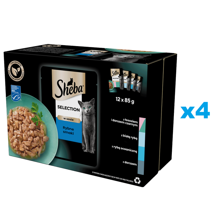 SHEBA Selection 48x85 g: Nassvollnahrung für adulte Katzen mit Lachs und schwarzem Kabeljau, Weißfisch, Meeresfisch, Kabeljau