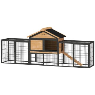 PawHut Hasenstall 2 Ebenen mit Satteldach Kaninchenstall aus Vollholz Winterfest Doppelstockhaus mit Freilaufgehege 217x53x86