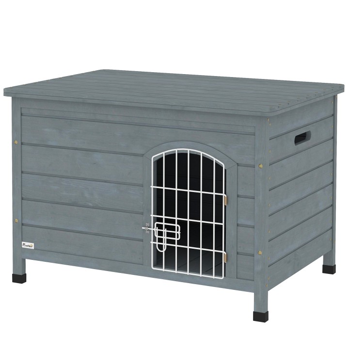 PawHut Hundehütte Hundehaus mit Tür Hundebox Gitterbox TransportKäfig für Katzen Hasen Outdoor wasserdicht Grau Tanne 80 x 55