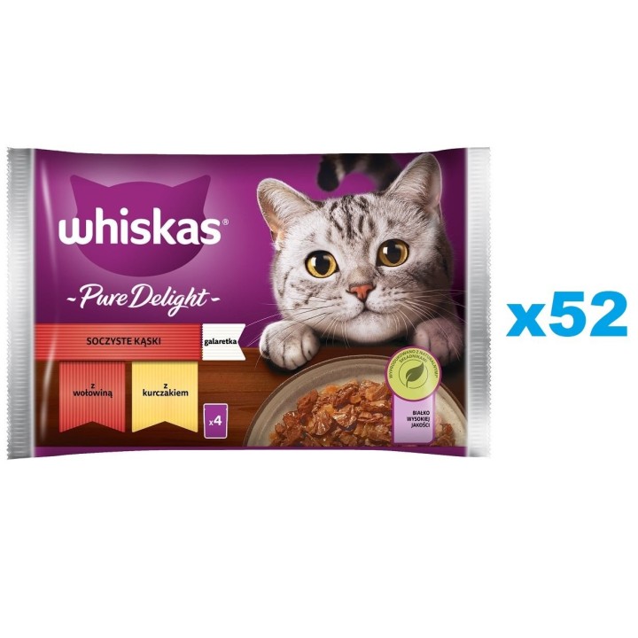 WHISKAS Adult 52x85g: Nassfutter für Katzen mit Rindfleisch und Huhn