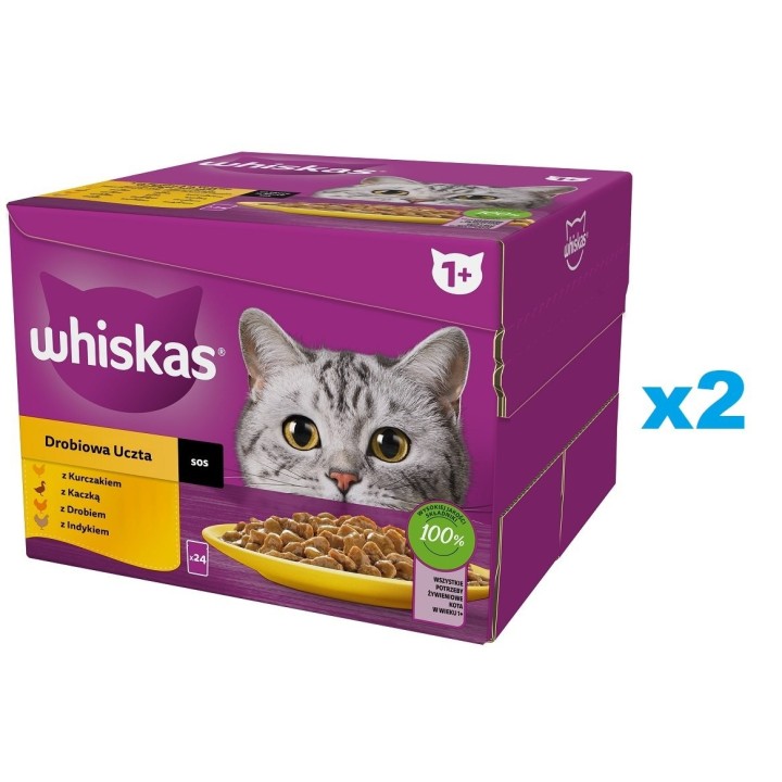 WHISKAS Adult 48x85 g: Stücke mit Huhn, Ente, Geflügel und Truthahn in Sauce für adulte Katzen