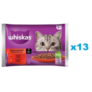 WHISKAS Adult Classic Meals 52x85g: Nassfutter für adulte Katzen mit Rindfleisch und Huhn in Sauce.