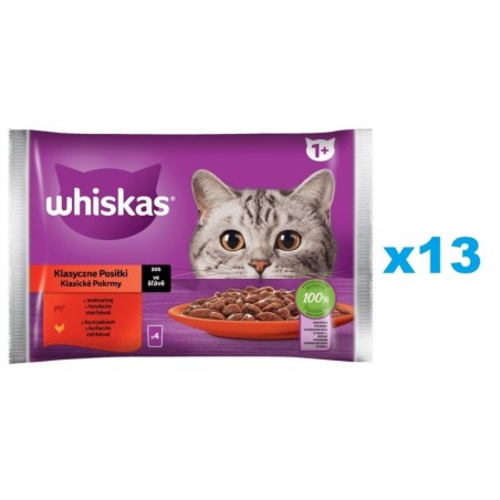 WHISKAS Adult Classic Meals 52x85g: Nassfutter für adulte Katzen mit Rindfleisch und Huhn in Sauce.