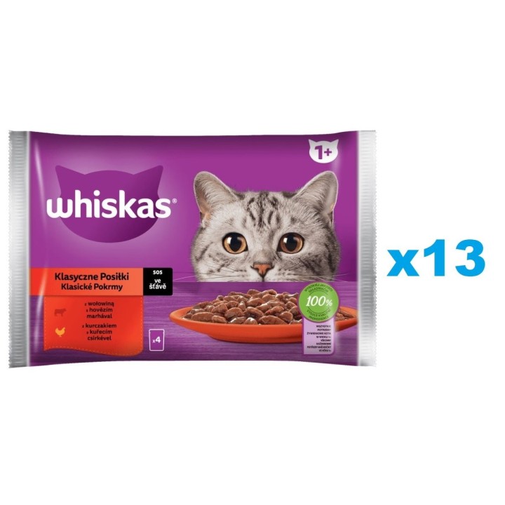 WHISKAS Adult Classic Meals 52x85g: Nassfutter für adulte Katzen mit Rindfleisch und Huhn in Sauce.