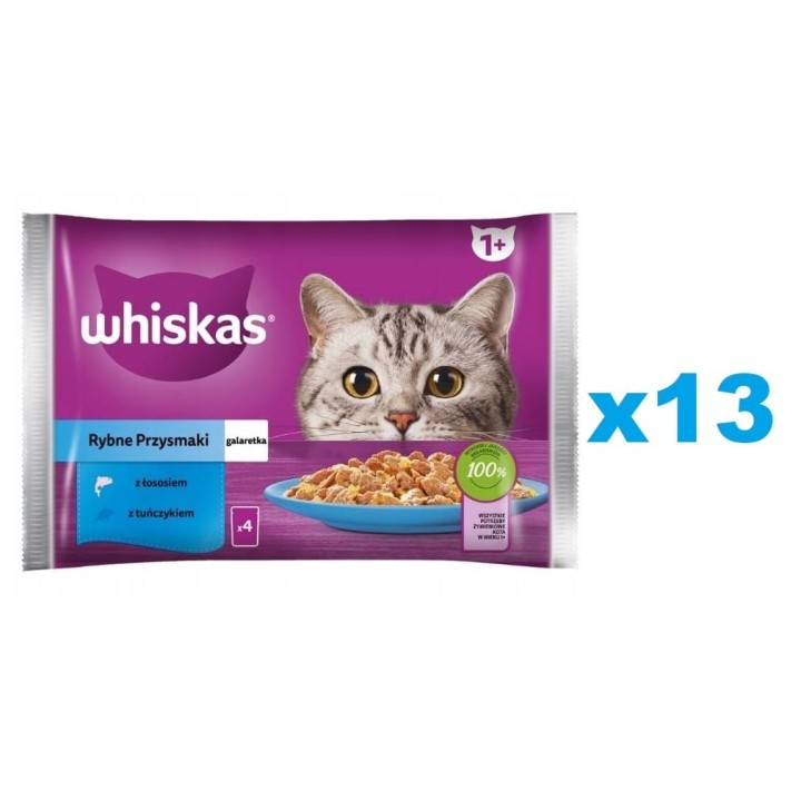 WHISKAS Adult Multipack Fisch 52x85g: Nassfutter für adulte Katzen mit Lachs und Thunfisch in Gelee
